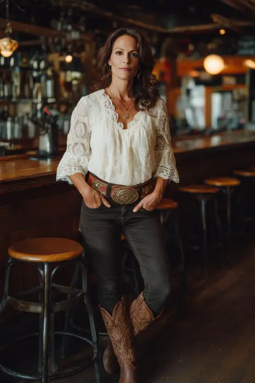 Elegant woman over 40 in white lace blouse tucked into dark skinny jeans, statement western belt, brown cowboy boots, rustic bar interior