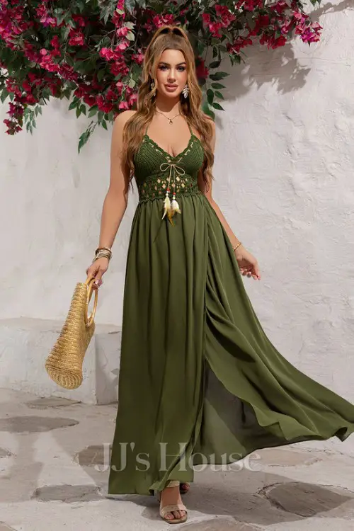 Faux Feather Halter Spaghetti Straps A-line Chiffon Jacquard Crochet Maxi Dress