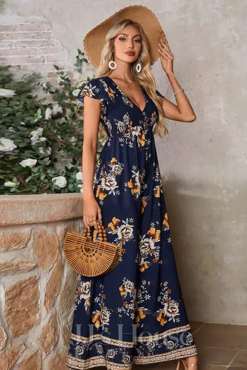 Floral Print V-Neck Short Sleeve Flutter Sleeve Printed Fabric Maxi Jumpsuits