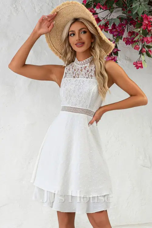 High Neck Illusion Sleeveless A-line Crepe Jacquard Lace Midi Dress