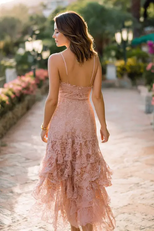 Romantic wedding guest dress, blush pink lace high-low gown with layered ruffled skirt and fitted lace bodice, delicate straps, soft flowing train