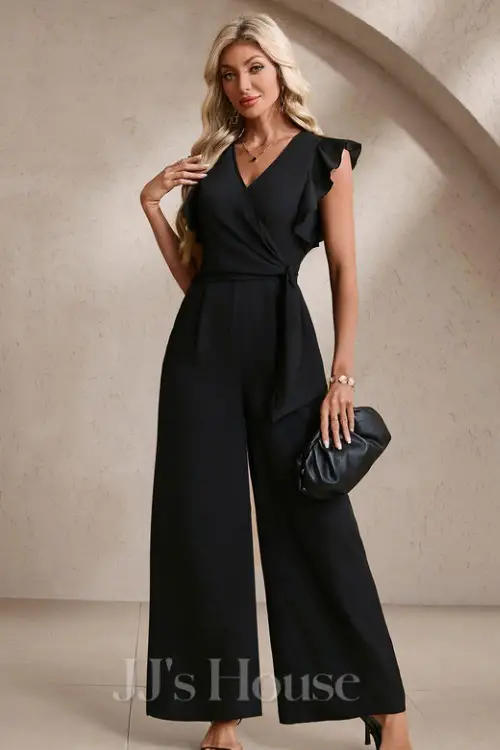 Ruffle V-Neck Flutter Sleeve Crepe Maxi Jumpsuits