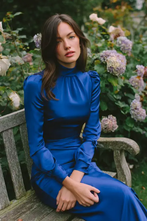 Sophisticated wedding guest dress, royal blue long sleeve midi dress with high neckline and fitted waist, smooth satin-like fabric, elegant silhouette
