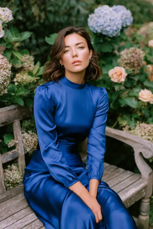 Sophisticated wedding guest dress, royal blue long sleeve midi dress with high neckline and fitted waist, smooth satin-like fabric, elegant silhouette