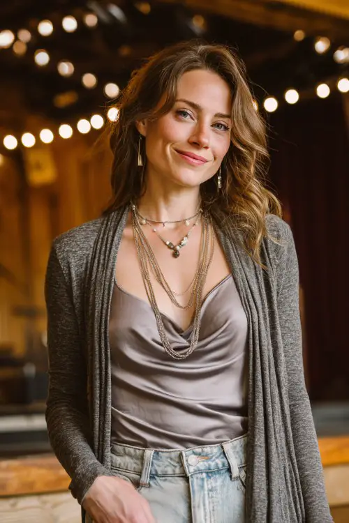 Sophisticated woman over 30 wearing grey draped cardigan over satin cami, light wash jeans, cowboy boots, layered necklaces