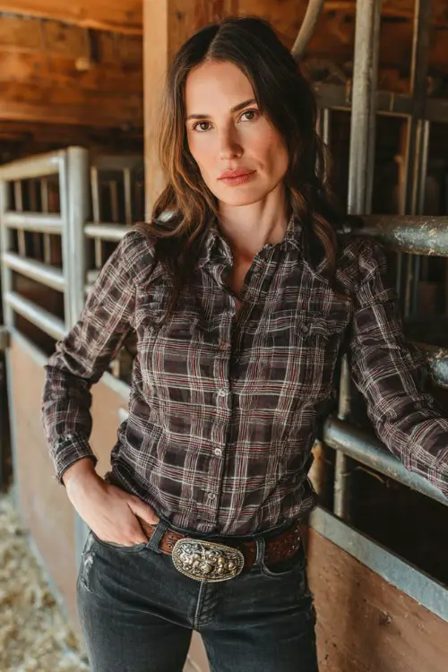 Stylish woman over 30 in fitted plaid western shirt, dark skinny jeans, statement belt buckle, cowboy boots