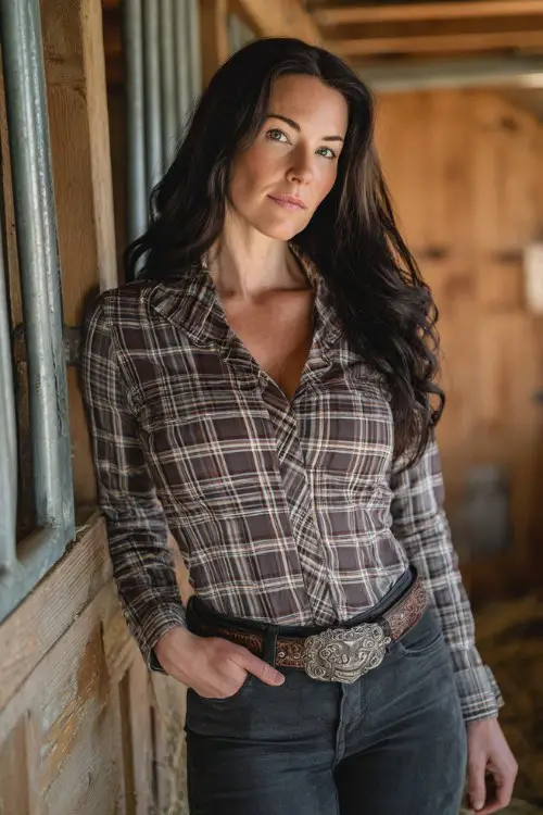 Stylish woman over 30 in fitted plaid western shirt, dark skinny jeans, statement belt buckle, cowboy boots