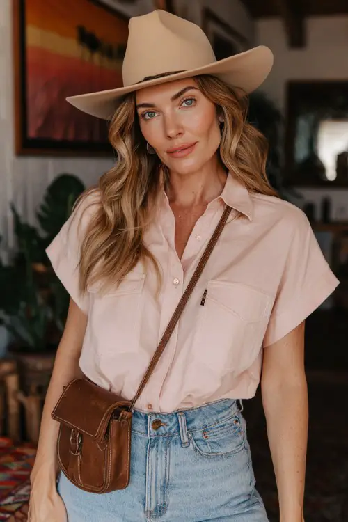 Stylish woman over 30 wearing light pink short sleeve western shirt, light wash jeans, cowboy hat, leather crossbody bag