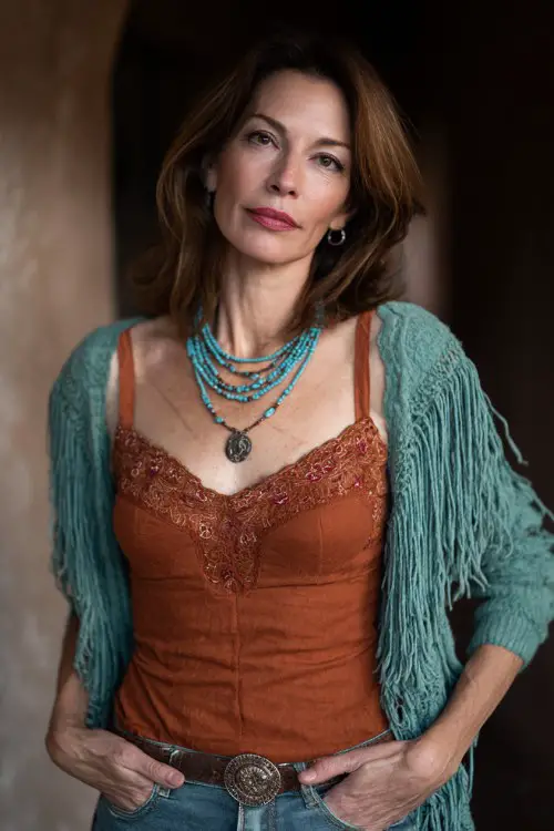 Stylish woman over 40 wearing a boho western outfit, embroidered rust camisole, turquoise layered necklaces, fringed green cardigan, fitted jeans