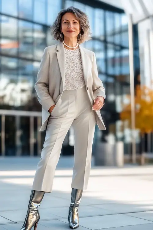 Stylish woman over 40 wearing a lace camisole layered under a fitted blazer, slim-fit trousers, and metallic pointed-toe boots, accessorized with a pearl necklace