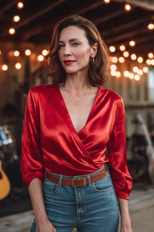 Stylish woman over 40 wearing a red satin wrap blouse with elbow-length sleeves, fitted blue jeans, brown leather belt, subtle jewelry