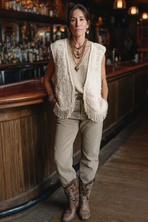 Stylish woman over 40 wearing cream crochet fringe vest over neutral blouse, straight-leg jeans, cowboy boots, layered necklaces, rustic bar interior, warm ambient lighting