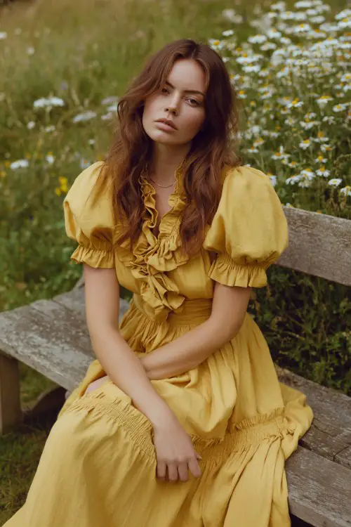 Vintage-inspired wedding guest dress, mustard yellow prairie-style maxi dress with ruffled neckline and layered puff sleeves, fitted waist, voluminous skirt