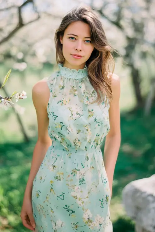 Wedding guest dress, mint green floral chiffon mini dress with sleeveless high neckline, delicate lace collar detail, softly flared skirt