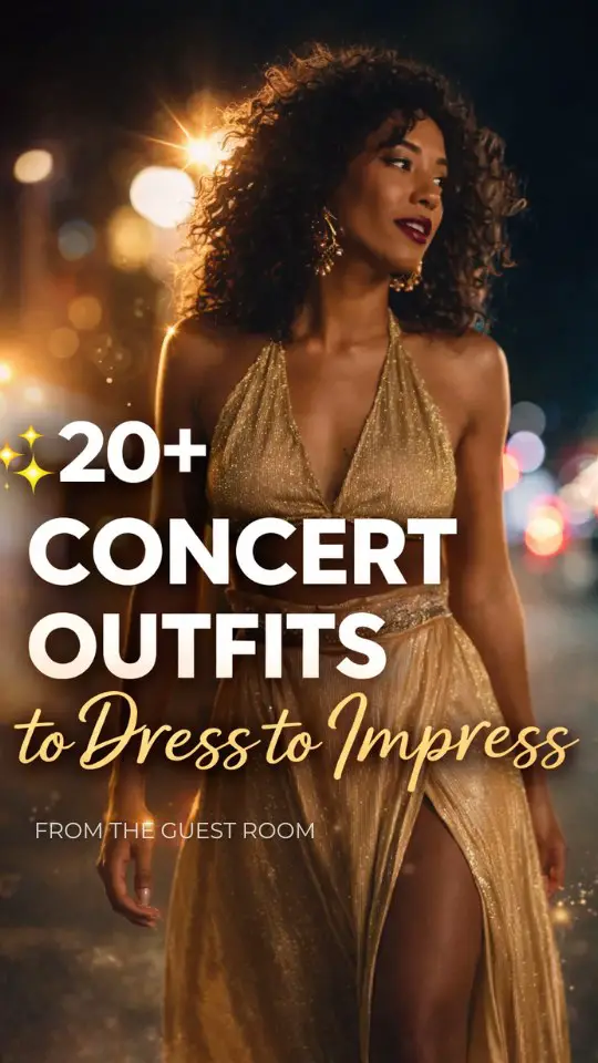 a glamorous woman in concert outfit to dress to impress, featuring a glittering two-piece outfit with a metallic halter top and a long flowing skirt with a high slit, statement belt