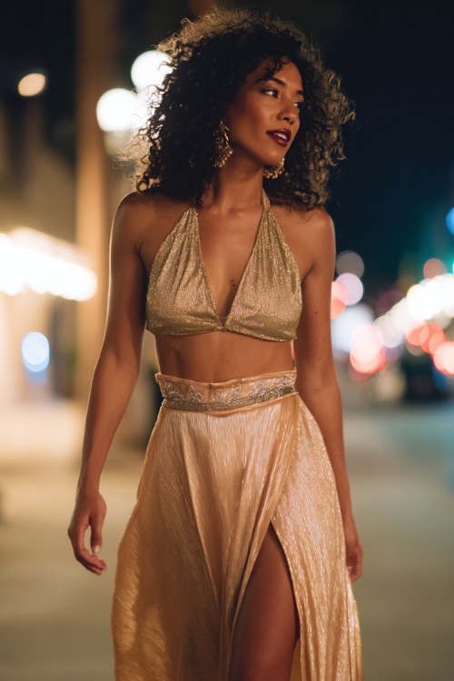a glamorous woman walking outdoors at night, wearing a glittering two-piece outfit with a metallic halter top and a long flowing skirt with a high slit, statement belt