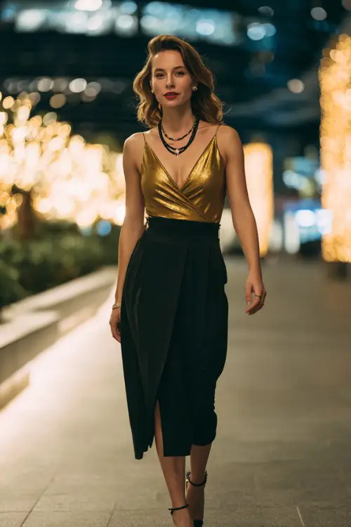 a stylish woman walking in a modern city at night, wearing a sleeveless gold metallic V-neck top and a high-waisted black pleated midi skirt with a thigh slit, strappy heels