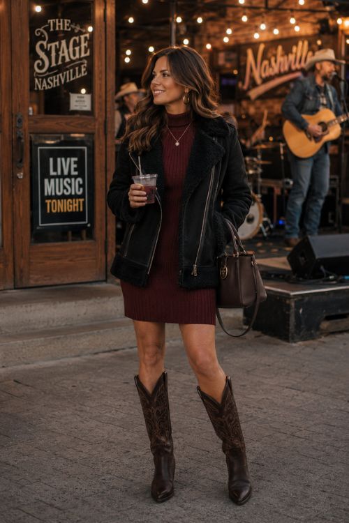 a woman in burgundy sweater dress with a black jacket and cowboy boots