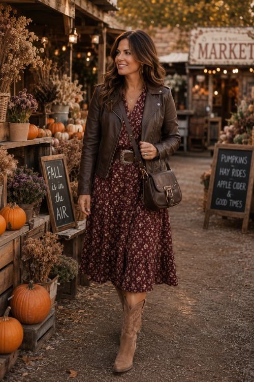 a woman in floral dress with a leather jacket and cowboy boots