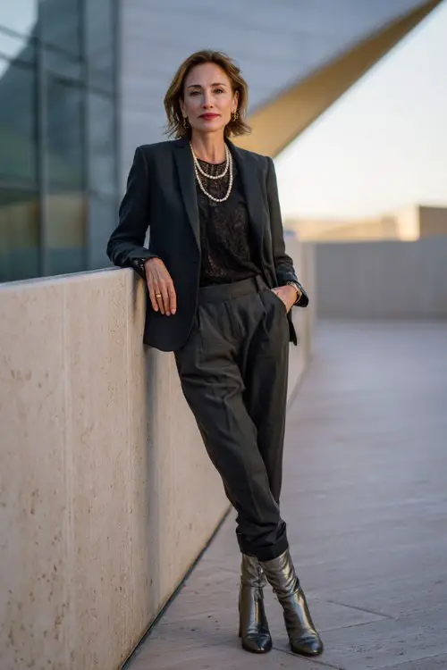 a woman over 40 wears a black blazer layered over a lace top with tailored trousers and metallic boots, styled with pearl jewelry