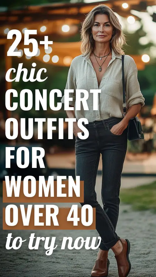 a woman over 40 wears a blouse and jeans to a concert