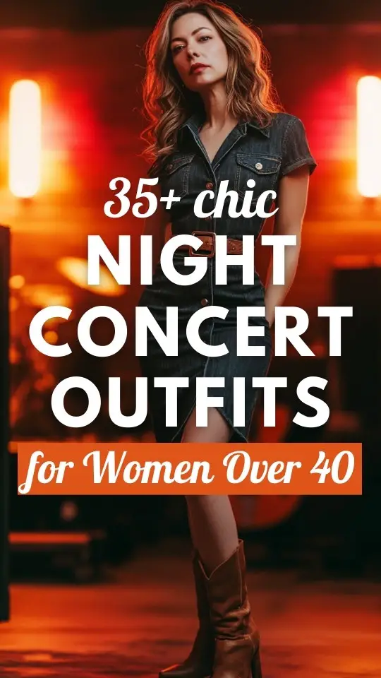 a woman over 40 wears a denim dress for a night concert