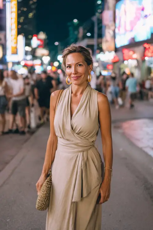 a woman over 40 wears a draped neutral maxi dress with a flattering waist detail, styled with gold hoop earrings and a small textured handbag
