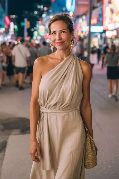 a woman over 40 wears a draped neutral maxi dress with a flattering waist detail, styled with gold hoop earrings and a small textured handbag