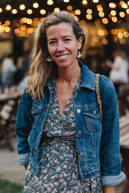 a woman over 40 wears a floral midi dress layered with a classic denim jacket, finished with delicate earrings and natural makeup