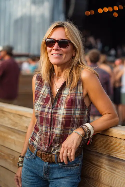 a woman over 40 wears a sleeveless plaid top tucked into classic blue jeans, finished with sunglasses and simple bracelets