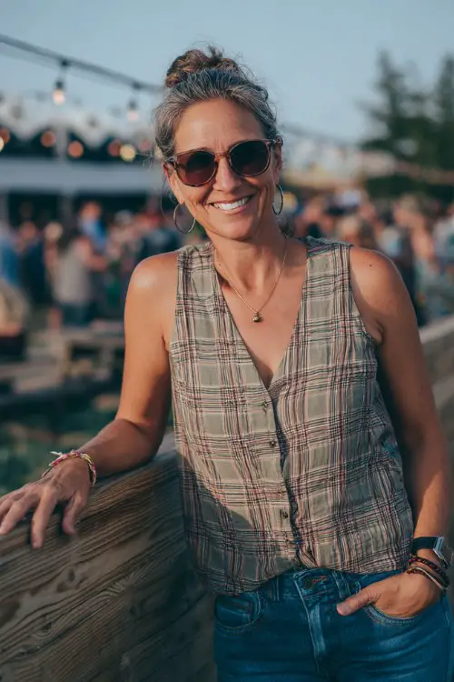 a woman over 40 wears a sleeveless plaid top tucked into classic blue jeans, finished with sunglasses and simple bracelets