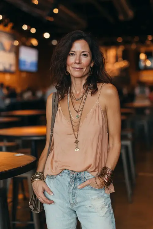 a woman over 40 wears a soft blush camisole with light-wash jeans, layered necklaces, stacked bangles, and a crossbody bag