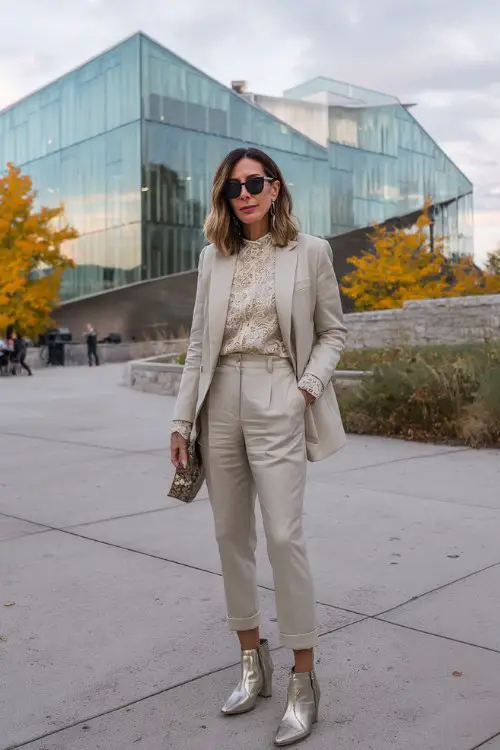 a woman over 40 wears a tailored light beige blazer over a lace blouse with cropped trousers and metallic ankle boots, accessorized with pearl jewelry