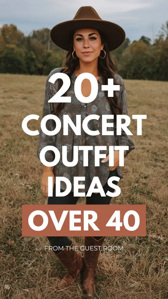 a woman over 40 wears a tunic with jeans and brown boots for concert