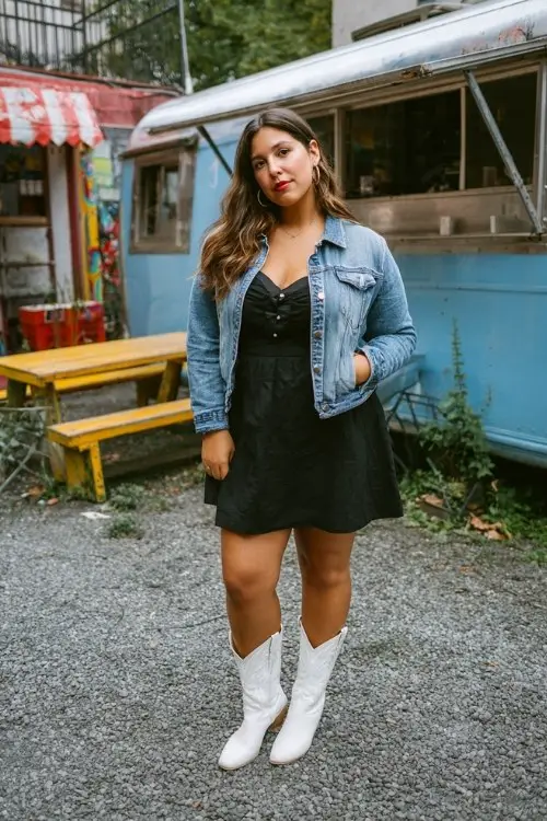 a woman wears a black dress with white cowboy boots and a denim jacket