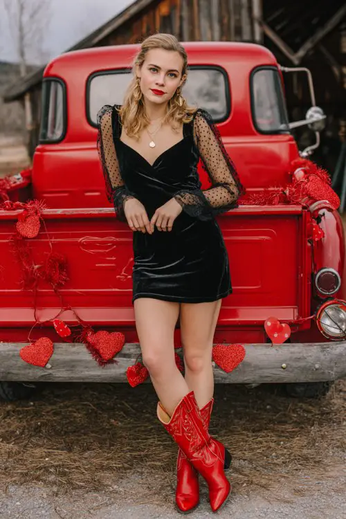 a woman wears a black velvet mini dress with sheer polka dot sleeves and red cowboy boots