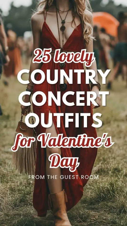 a woman wears a boho red dress for country concert on Valentine's Day
