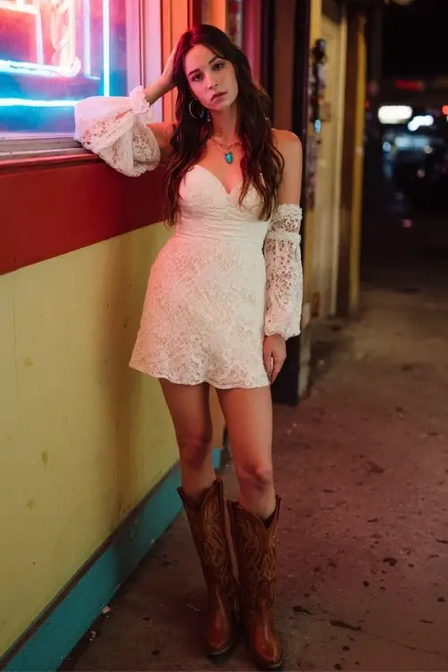 a woman wears a brown cowboy boots outfit with a white lace dress for Nashville