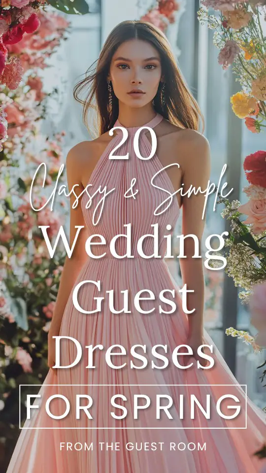 a woman wears a classy and simple wedding guest dress for spring