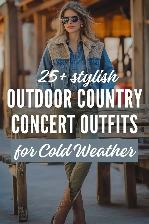 a woman wears a denim shirt and pants to an outdoor country concert