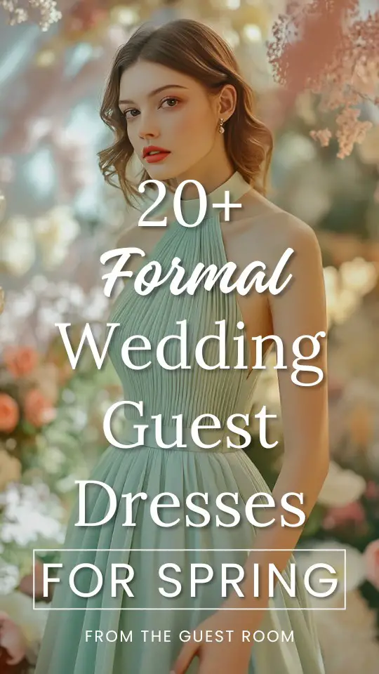a woman wears a formal wedding guest dress for spring