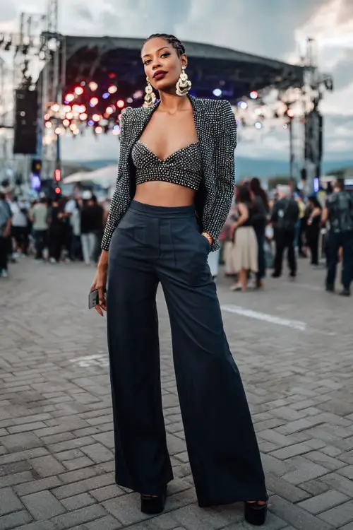 a woman wears studded top with matching jacket and a wide leg black pants