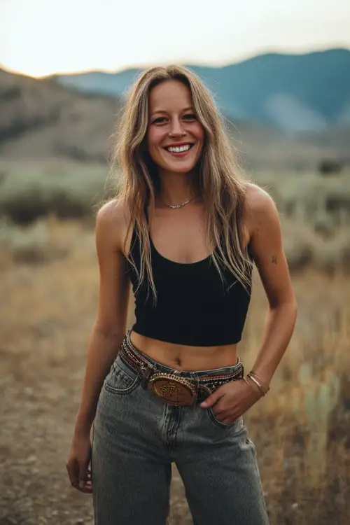 full body woman over 30 wearing black crop tank top, high-waisted jeans, western belt, cowboy boots with fringe, outdoor summer concert vibe, golden hour light