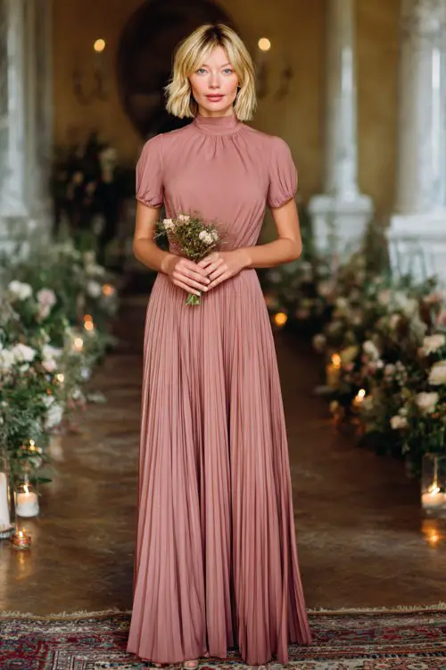 petite mature woman in a dusty rose pleated maxi dress with high neckline and short sleeves, holding a small bouquet, soft blonde bob hairstyle