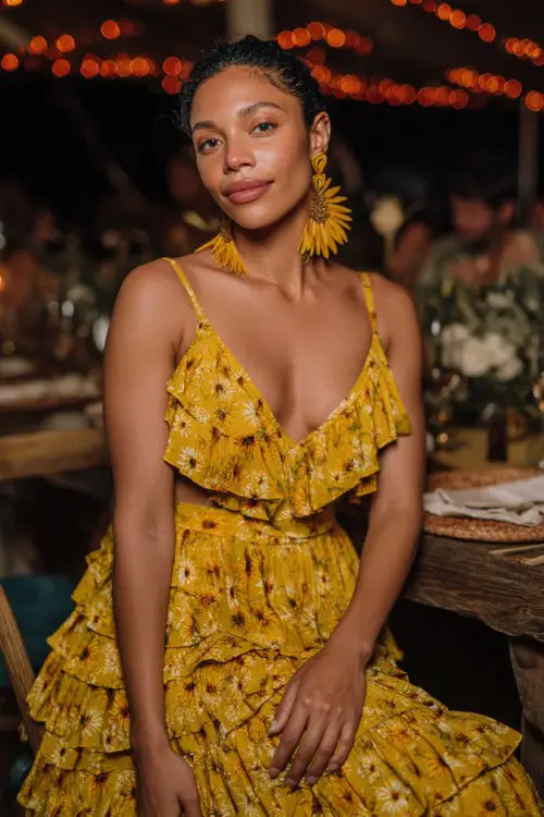 wedding guest in a vibrant yellow tiered maxi dress with sunflower print, ruffled layers, spaghetti straps, bold statement earrings