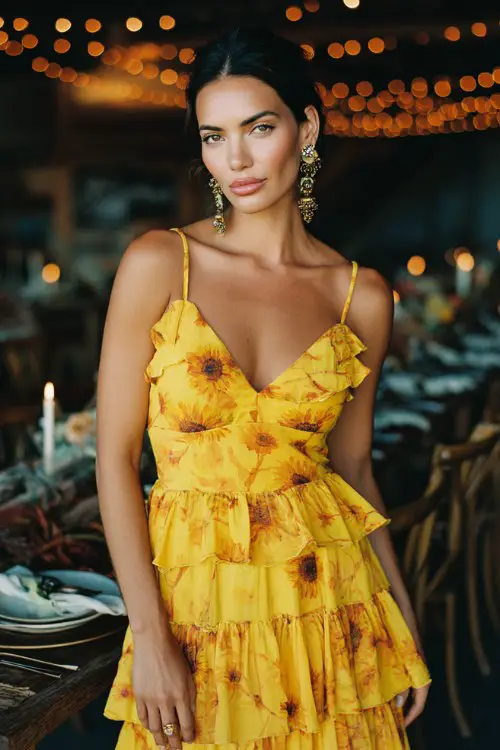 wedding guest in a vibrant yellow tiered maxi dress with sunflower print, ruffled layers, spaghetti straps, bold statement earrings