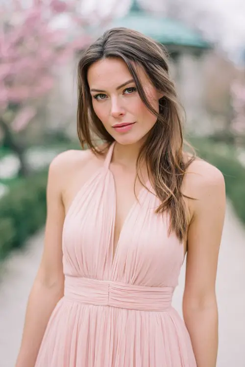 wedding guest wearing a soft blush pink halter neck chiffon gown, pleated flowing skirt, airy and lightweight fabric