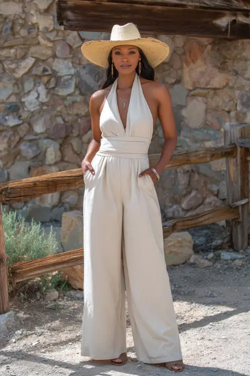 woman over 30 wearing elegant cream halter jumpsuit, wide-brim cowboy hat
