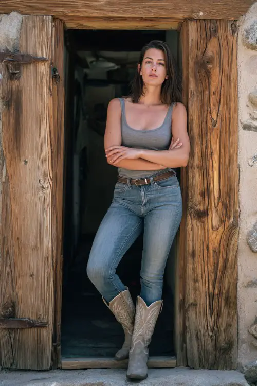 woman over 30 wearing fitted grey tank top, skinny jeans, cowboy boots, simple belt, rustic wooden doorway