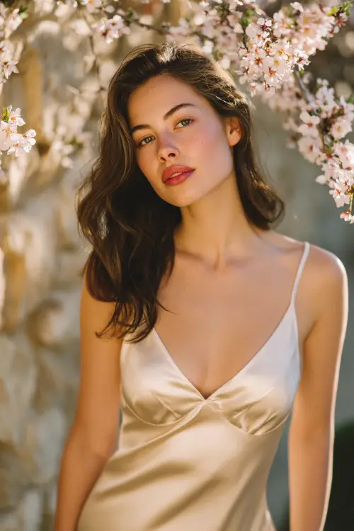A beautiful woman standing near a stone wall under blooming cherry blossom branches, wearing a silky champagne satin slip dress with thin straps and a deep V neckline